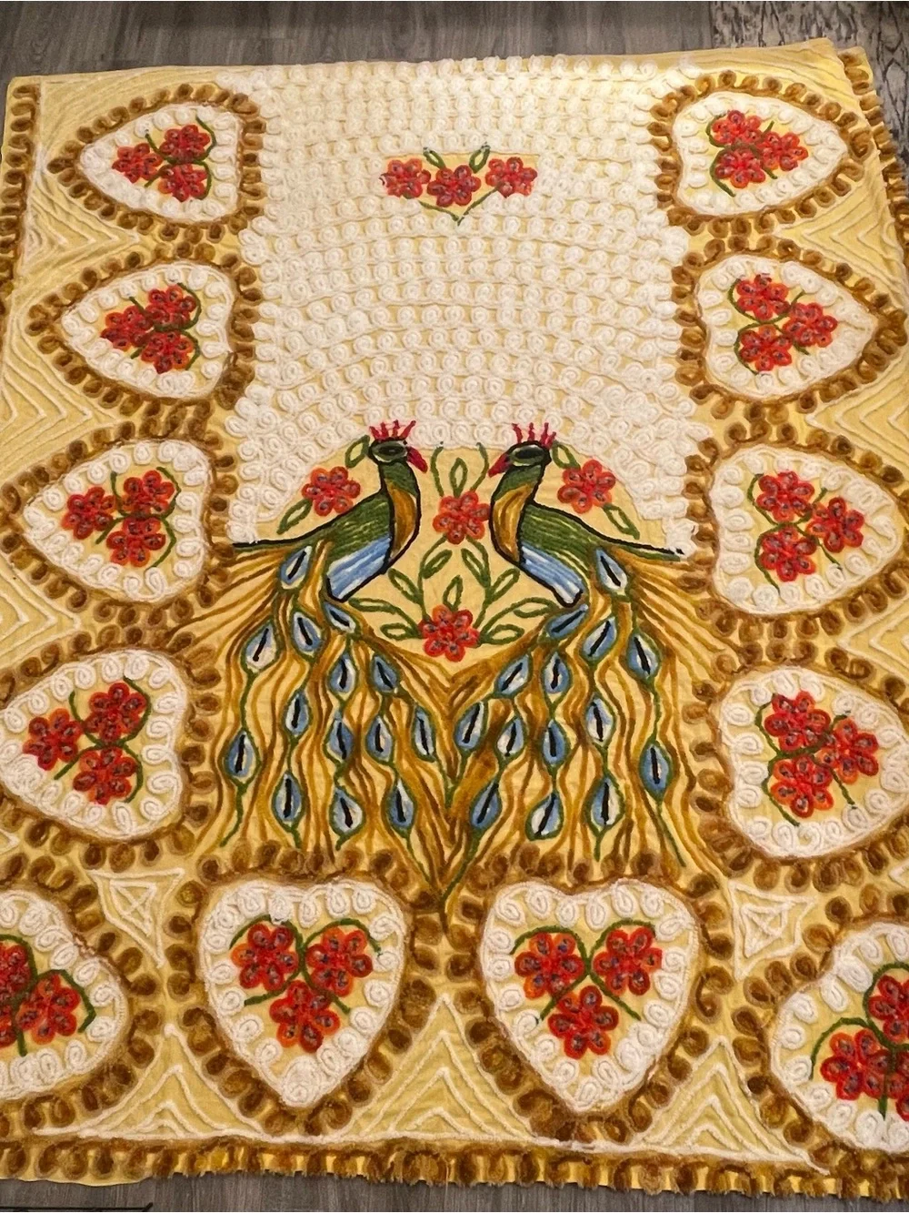 Embroidered Peacock Floral Chenille throw - Gold, Green, Blue, Red